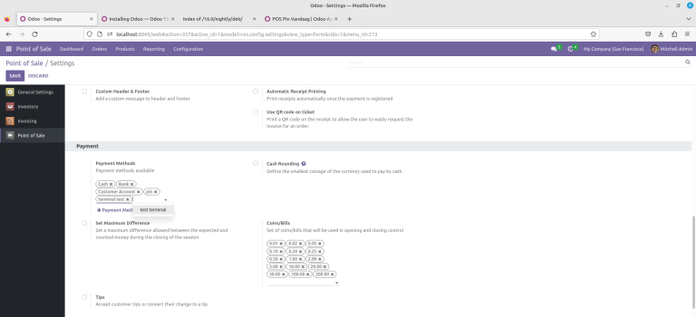 Odoo Kassa-instellingen met de Pin Vandaag-betaalmethode geselecteerd