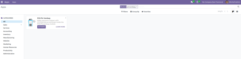 Odoo Apps-overzicht met de POS Pin Vandaag-module en de knop Activeren